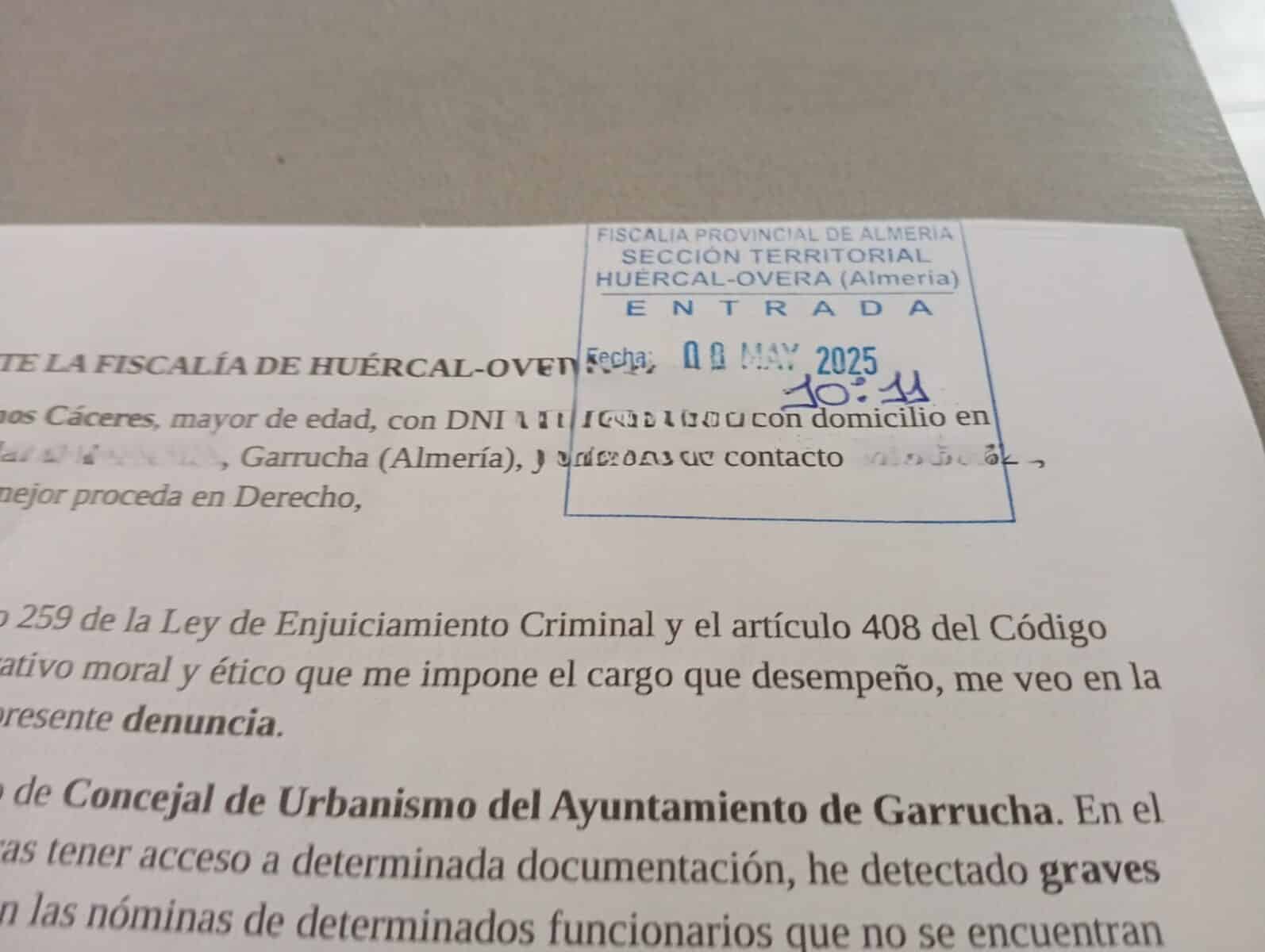 Ramos denuncia ante el fiscal a 4 funcionarios de Garrucha «por aumentos salariales que ellos mismos se aplicaban»